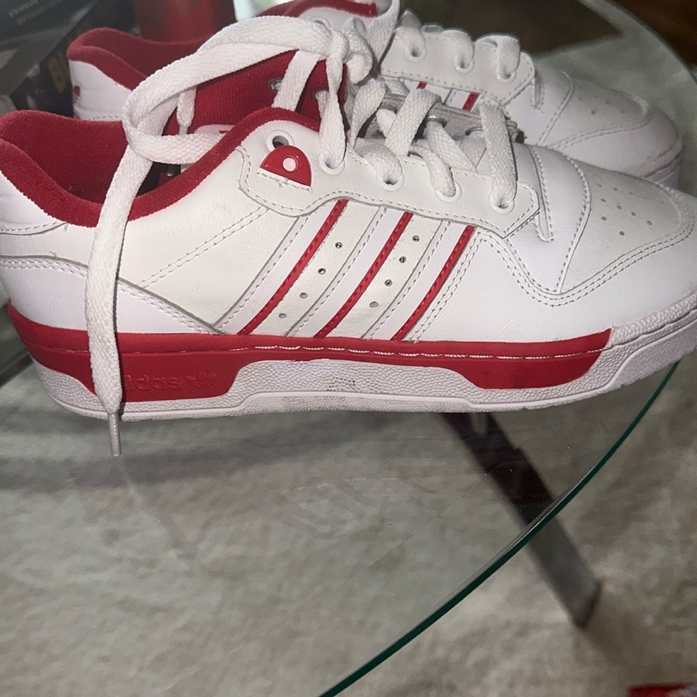 Red and white Adidas gym shoes, old school